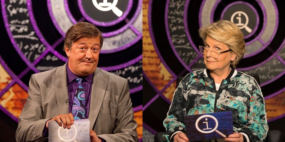Side by side images of Stephen Fry and Sandi Toksvig hosting QI