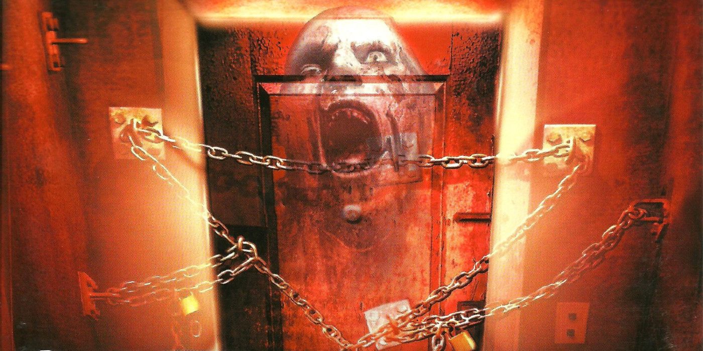 A screaming ghoul in front of a locked door in Silent Hill.