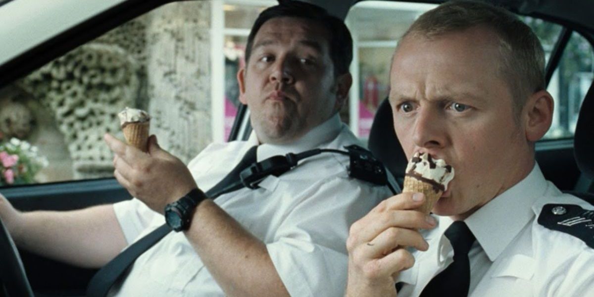 Simon Pegg and Nick Frost eating ice cream in Hot Fuzz