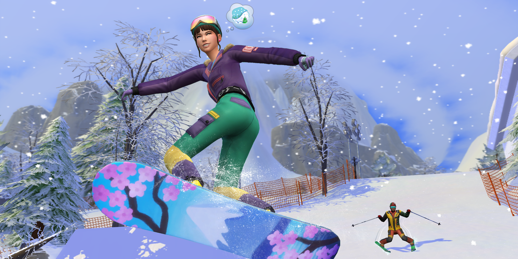 A Sim snowboards on Mount Komorebi in The Sims 4: Snowy Escape