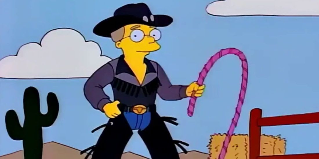 Wylon Smithers dressed as a cowboy and holding a whip in The Simpsons