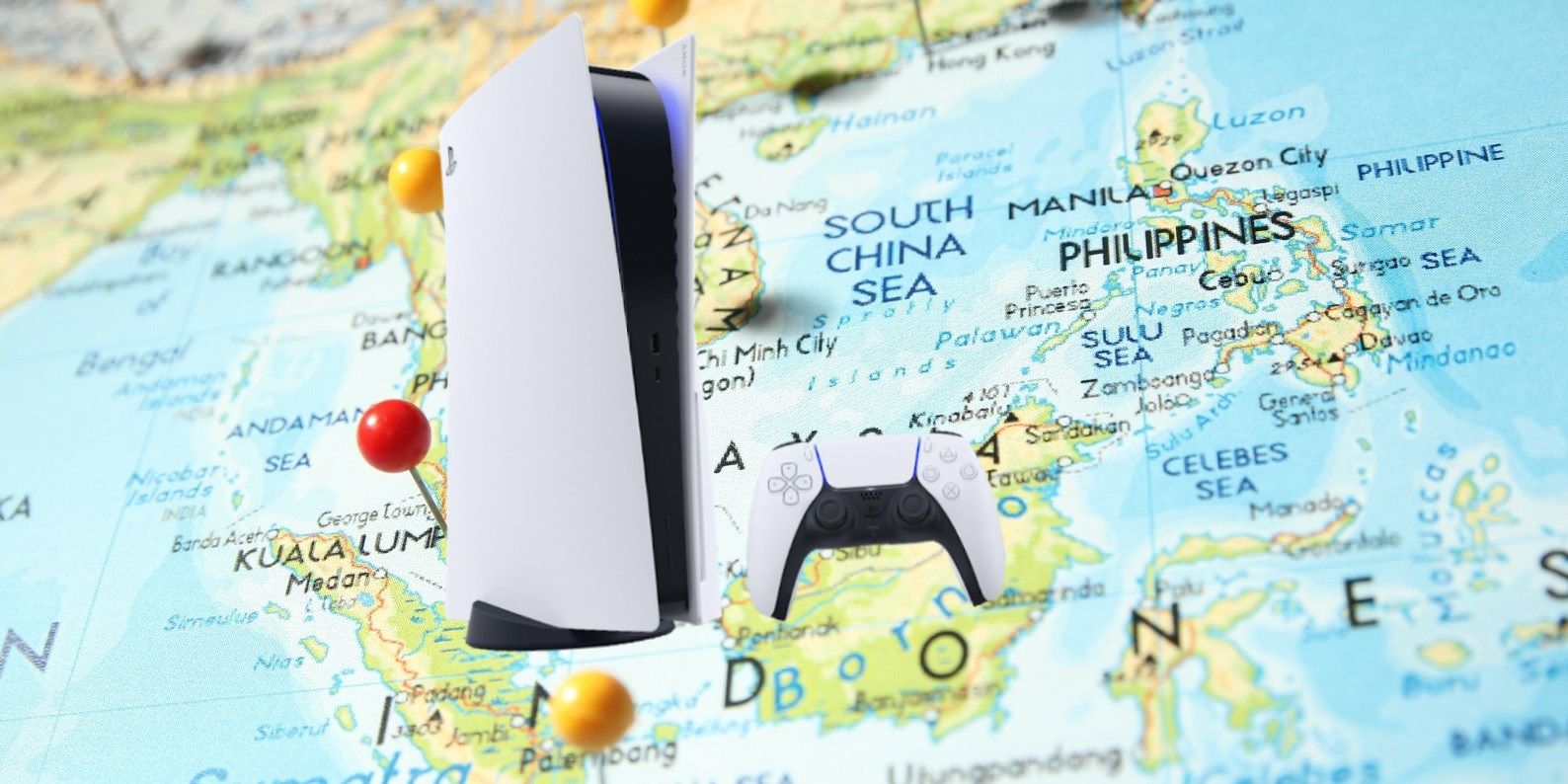 A PlayStation 5 console on top of a map of Southeast Asia.
