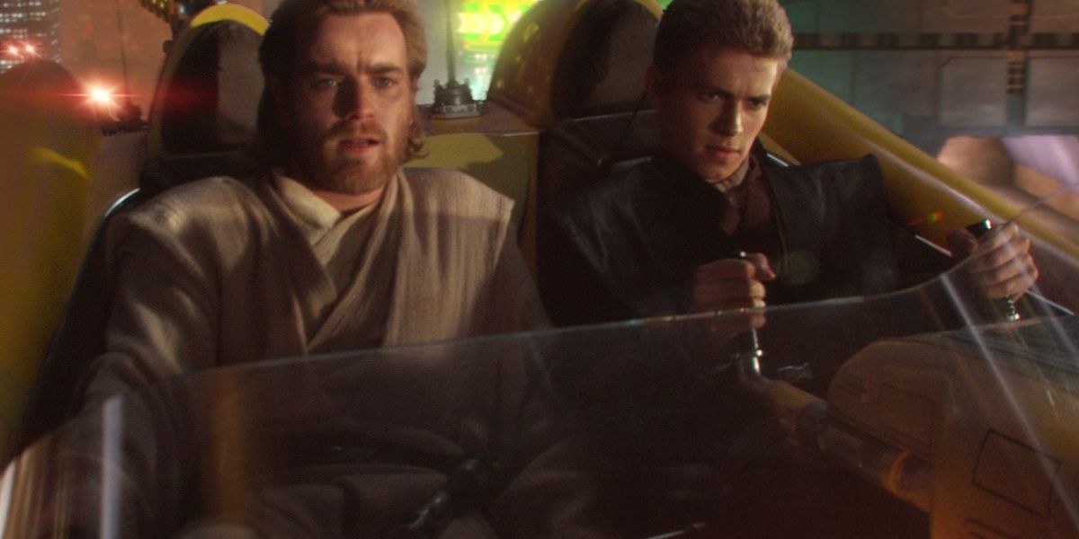 Obi-Wan and Anakin sitting on a speeder in Attack of the Clones