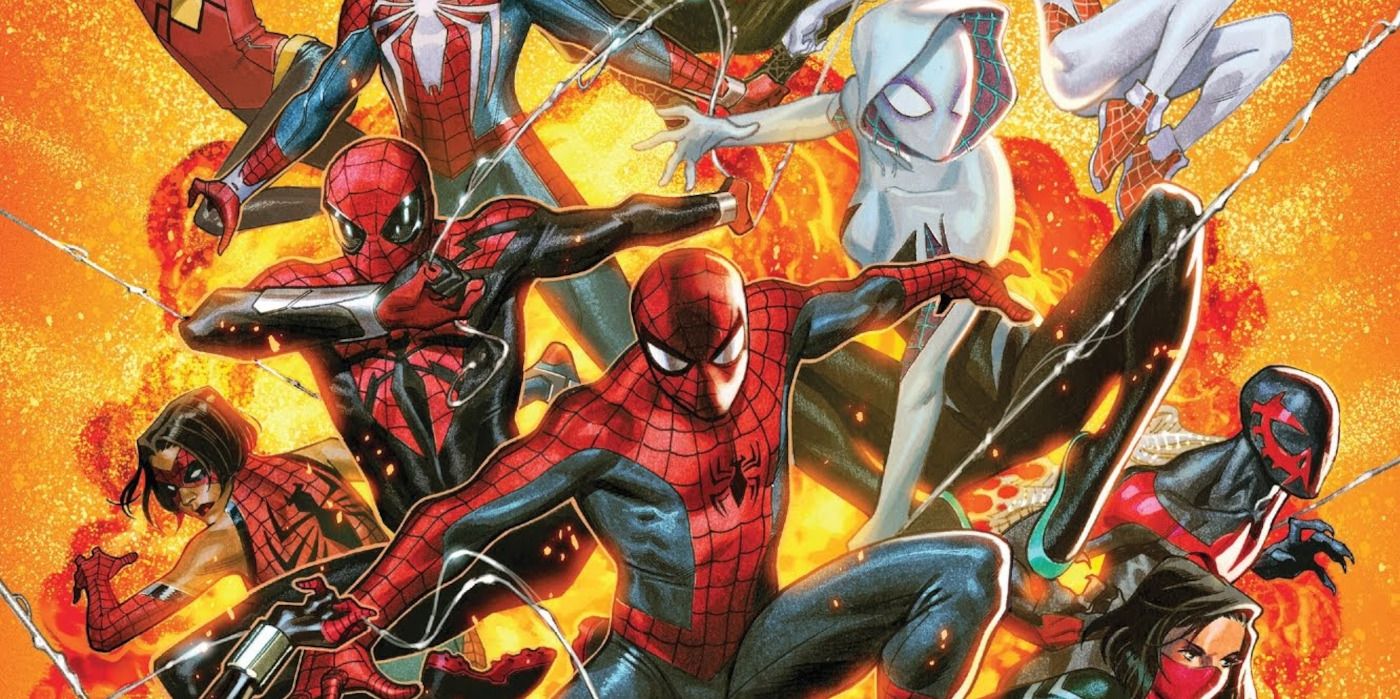An image of all the Spider-Men and Spider-Gwens on the Spider-Geddon cover