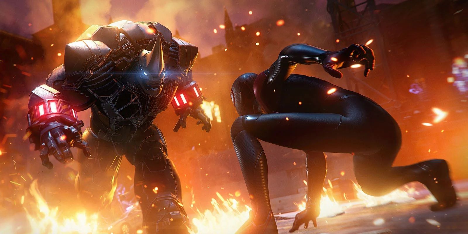A screenshot of Spider-Man: Miles Morales showing the hero fighting the Rhino.