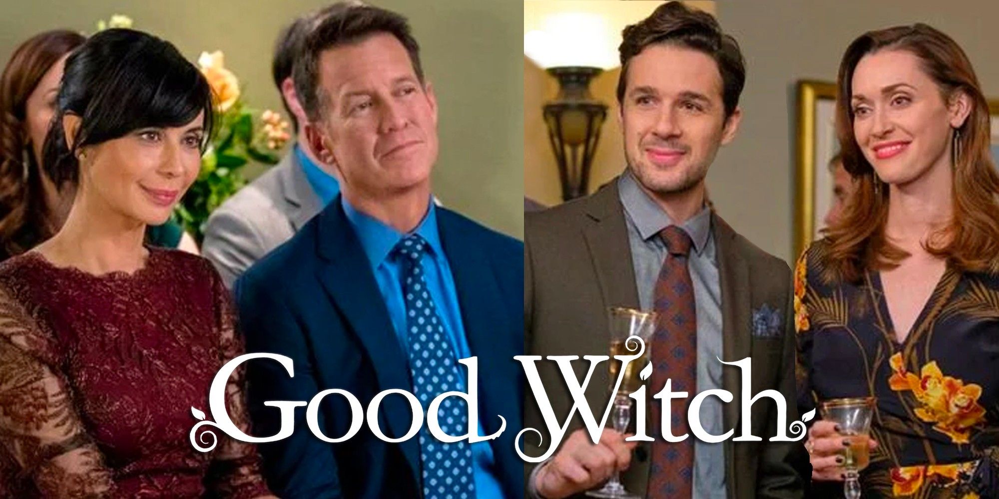 Split image of Abigail and Donovan and Cassie and Sam on The Good Witch with the show's logo on top