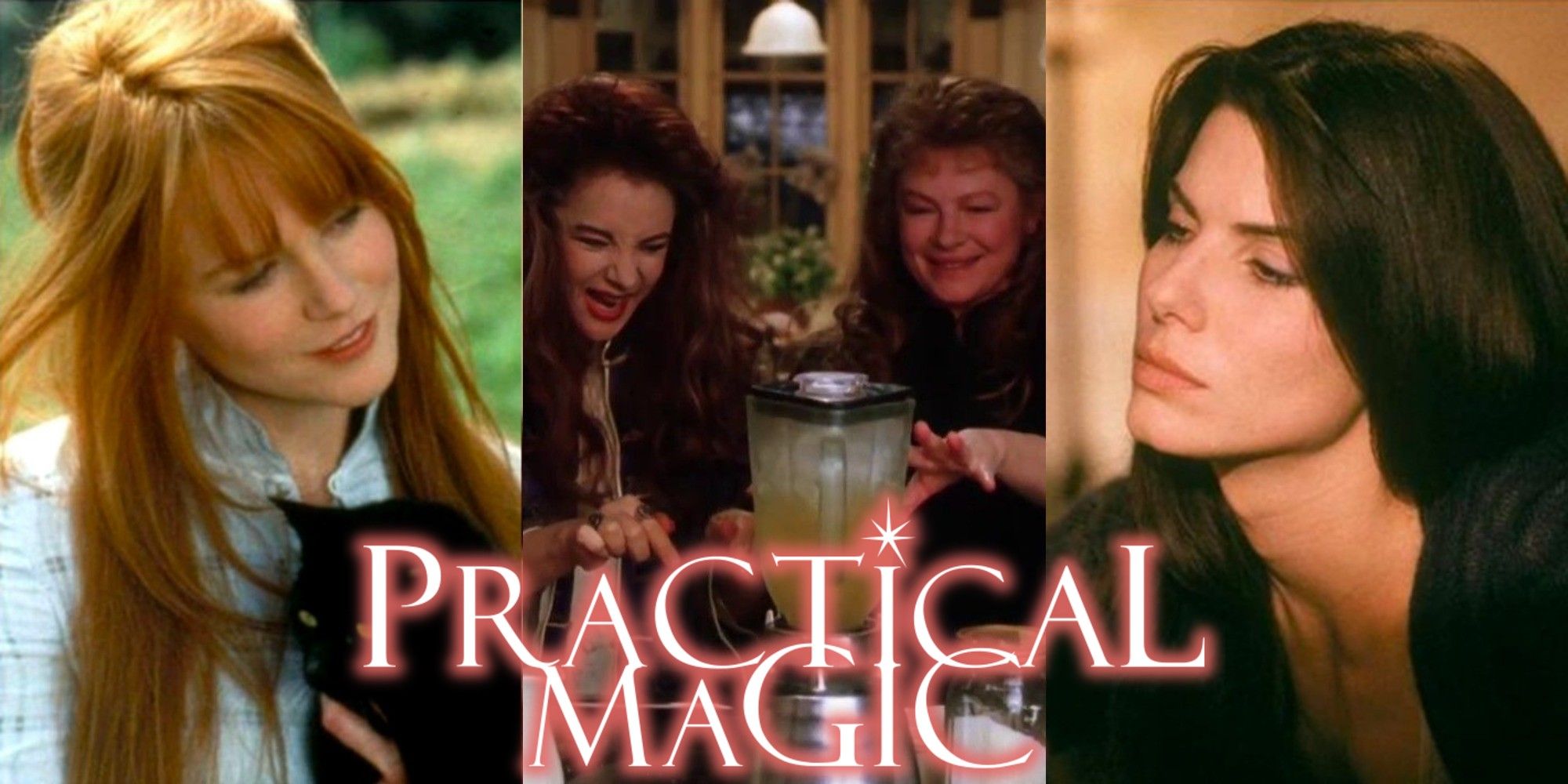 Split image of Nicole Kidman, Dianne Weist and Sandra Bullock in Practical Magic with the movie's logo on top