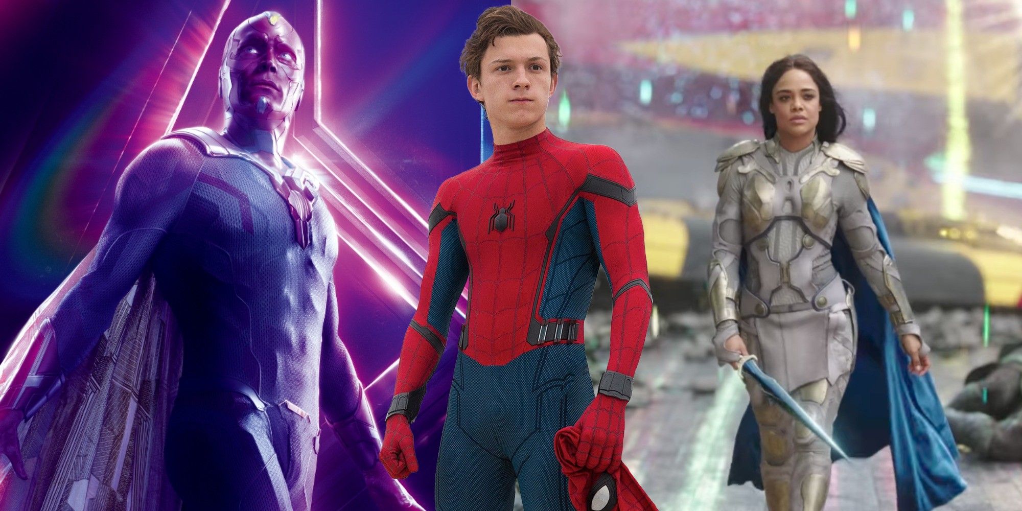 Split image of Vision, Spider-Man and Valkyrie from the MCU