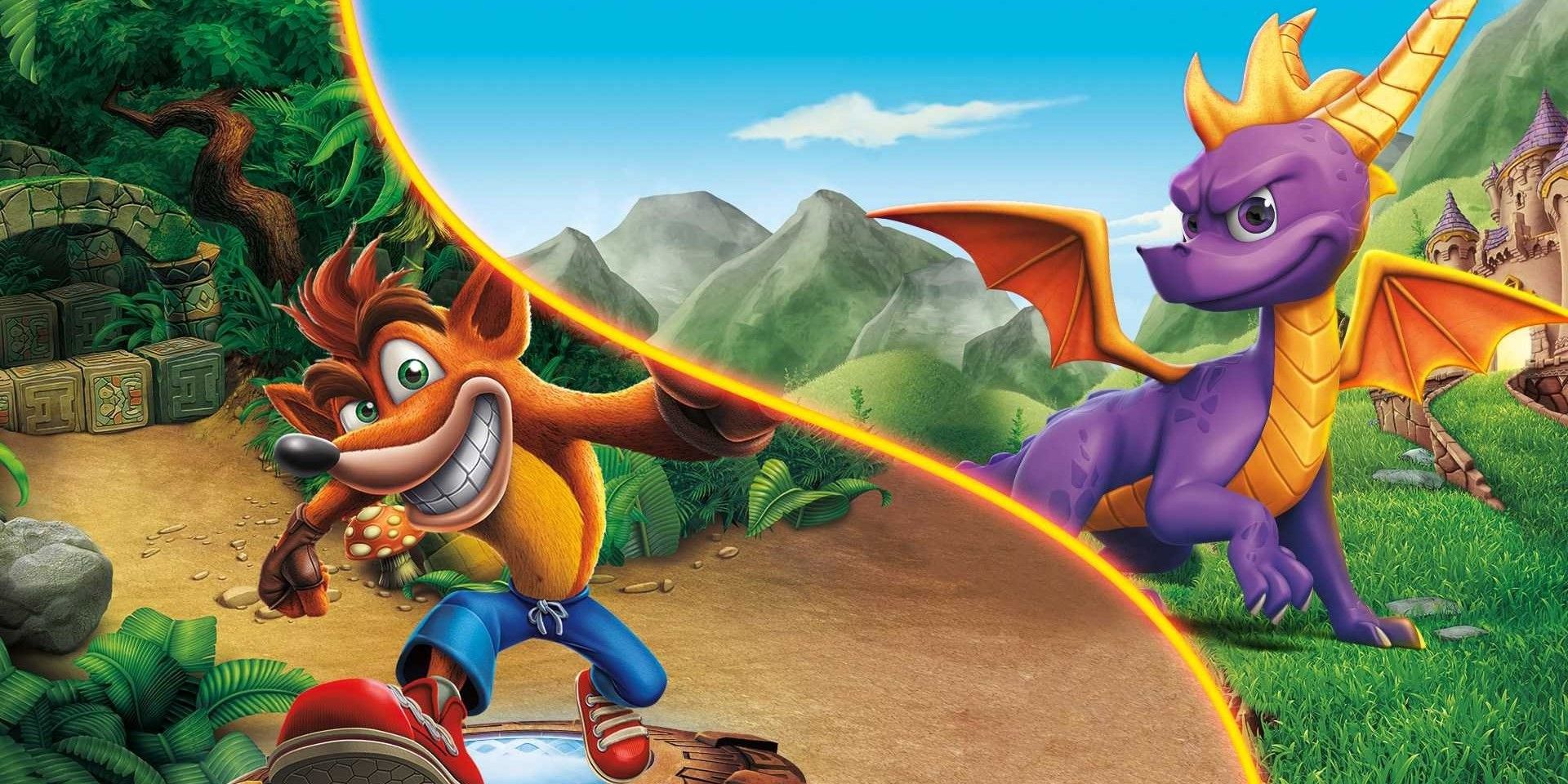 Image of Crash Bandicoot and Spyro the Dragon separated by a wavy amber line.