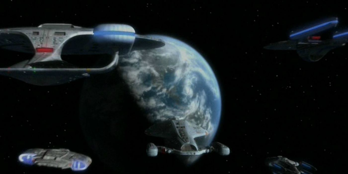 The USS Voyager flying toward Earth in Star Trek: Voyager's series finale, 