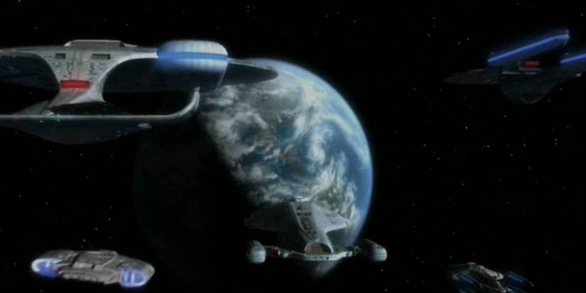 The USS Voyager flying toward Earth in Star Trek: Voyager's series finale, "Endgame".