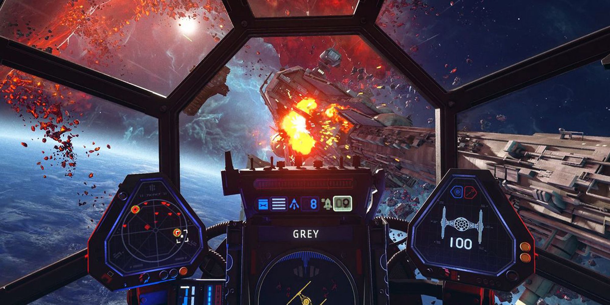 Star Wars Squadrons view of a Star Destroyet from the cockpit of a TIE Fighter