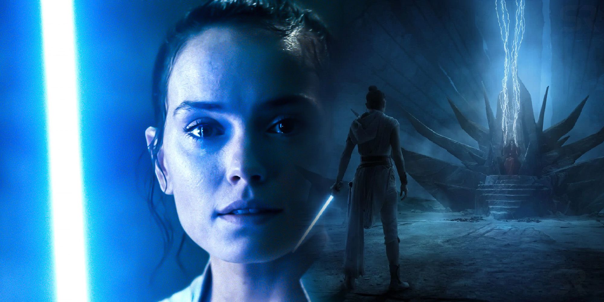 Rey with her blue lightsaber to the left and Rey standing in front of Palpatine's thrown on Exegol to the right