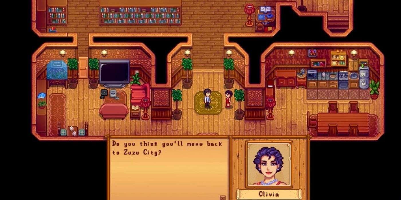 A character speaks to an NPC named Olivia in Stardew Valley