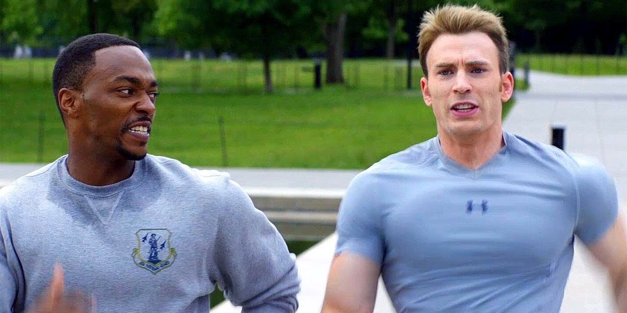 Steve Rogers and Sam Wilson running together in Captain America The Winter Soldier