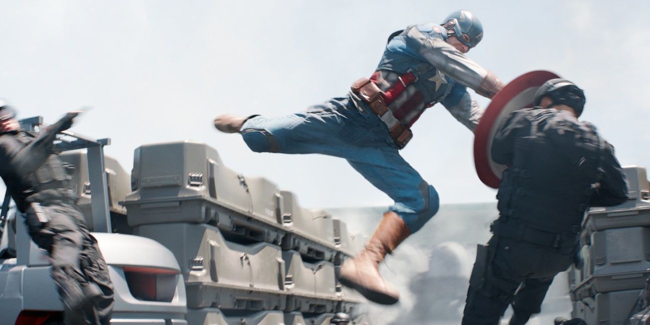 Steve attacks a henchman in Captain America The Winter Soldier