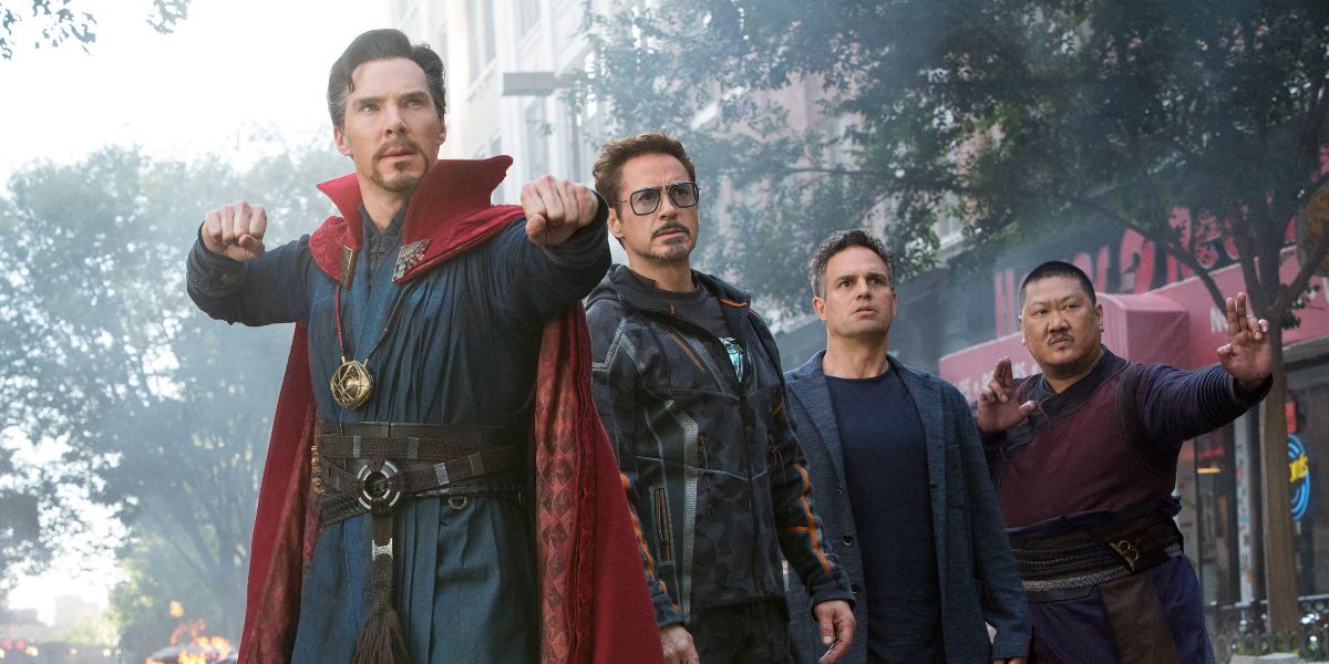 Strange with Iron Man, Hulk and Wong in Avengers: Infinity War