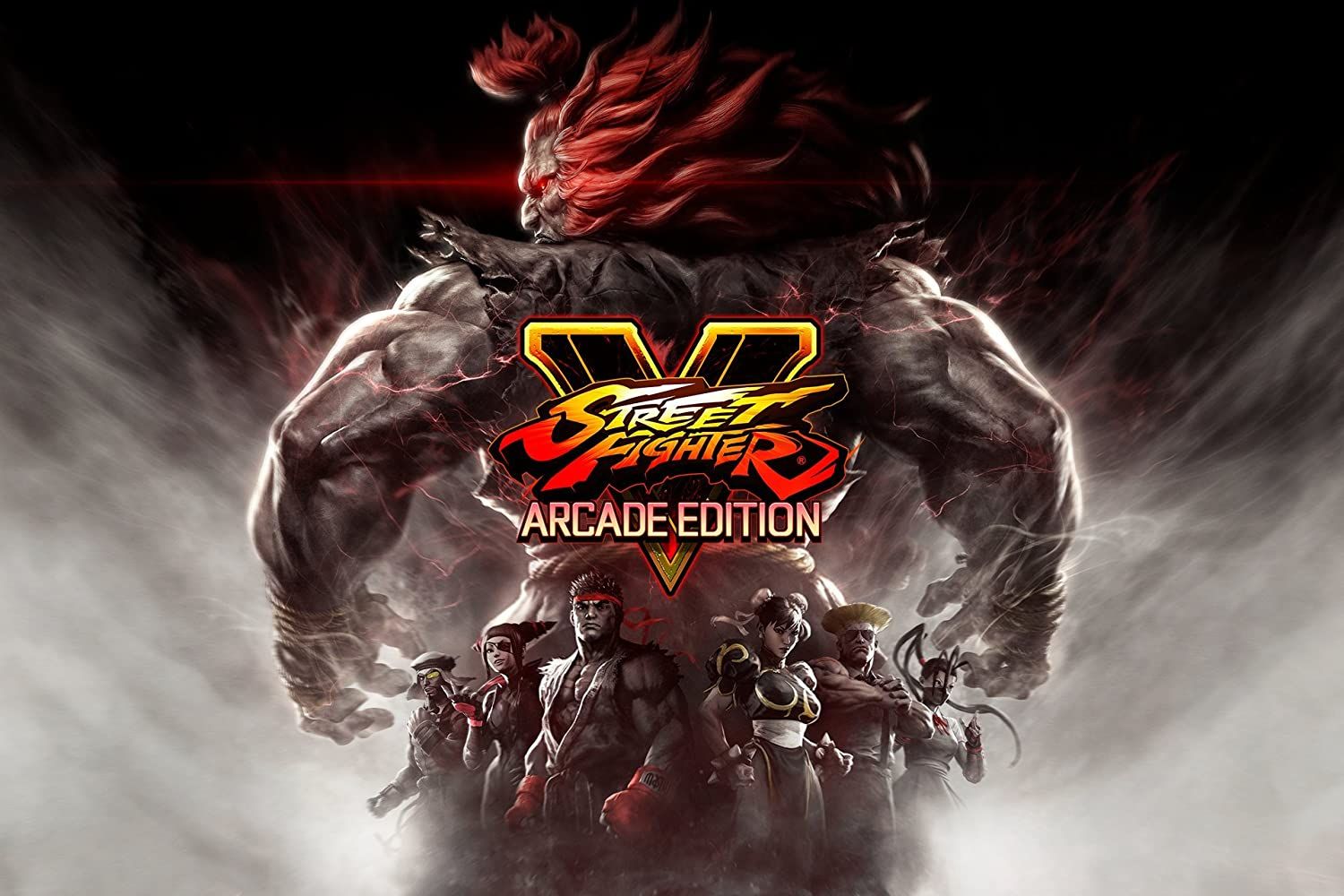 The Street Fighter cast cowers beneath Akuma and the Street Fighter V logo.
