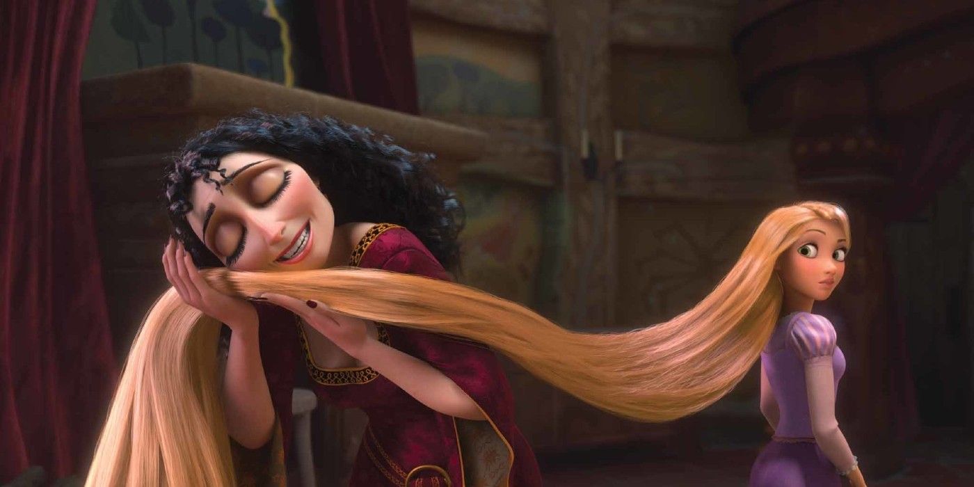 Mother Gothel hugging Rapunzel's hair in Tangled