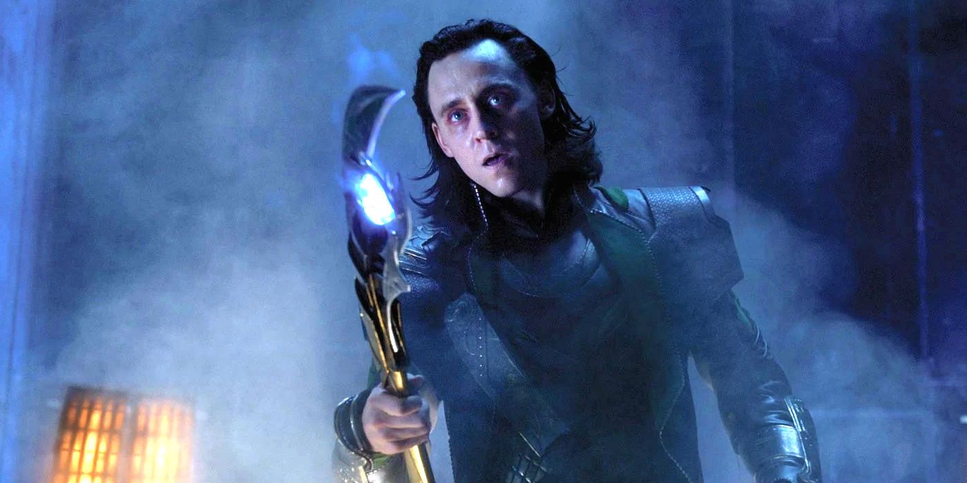 Loki holding the Scepter in the opening scene of The Avengers