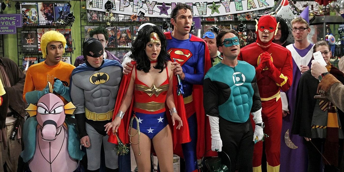 Personagens de The Big Bang Theory vestidos como a Liga da Justiça