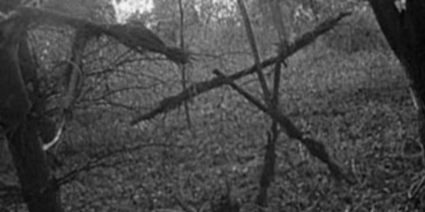 Stick figures hanging in the trees in The Blair Witch Project