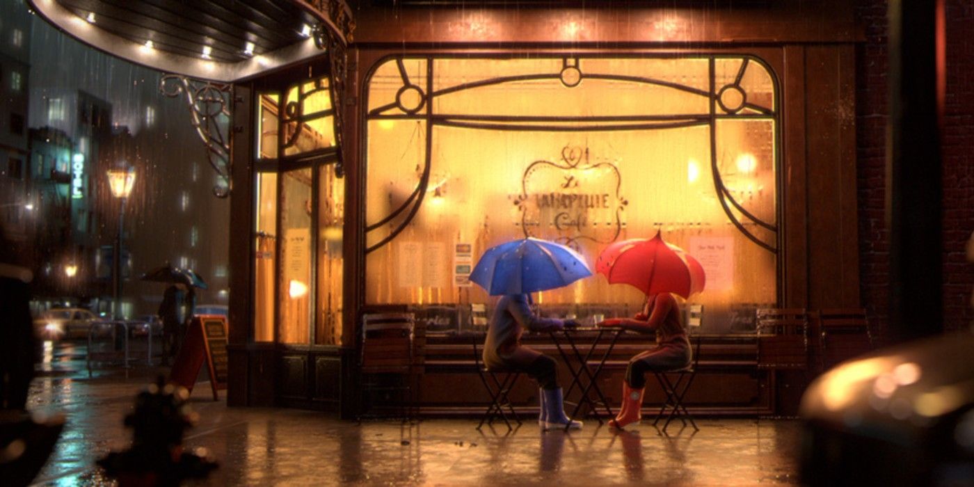 A romantic rainy scene from Pixar's The Blue Umbrella 