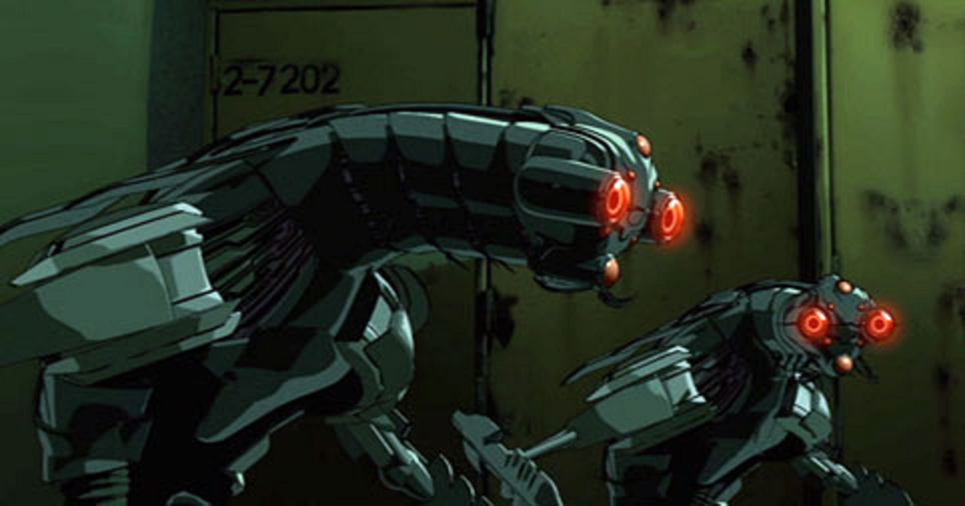 Two machines with red glowing eyes walk along a hallway in The Animatrix