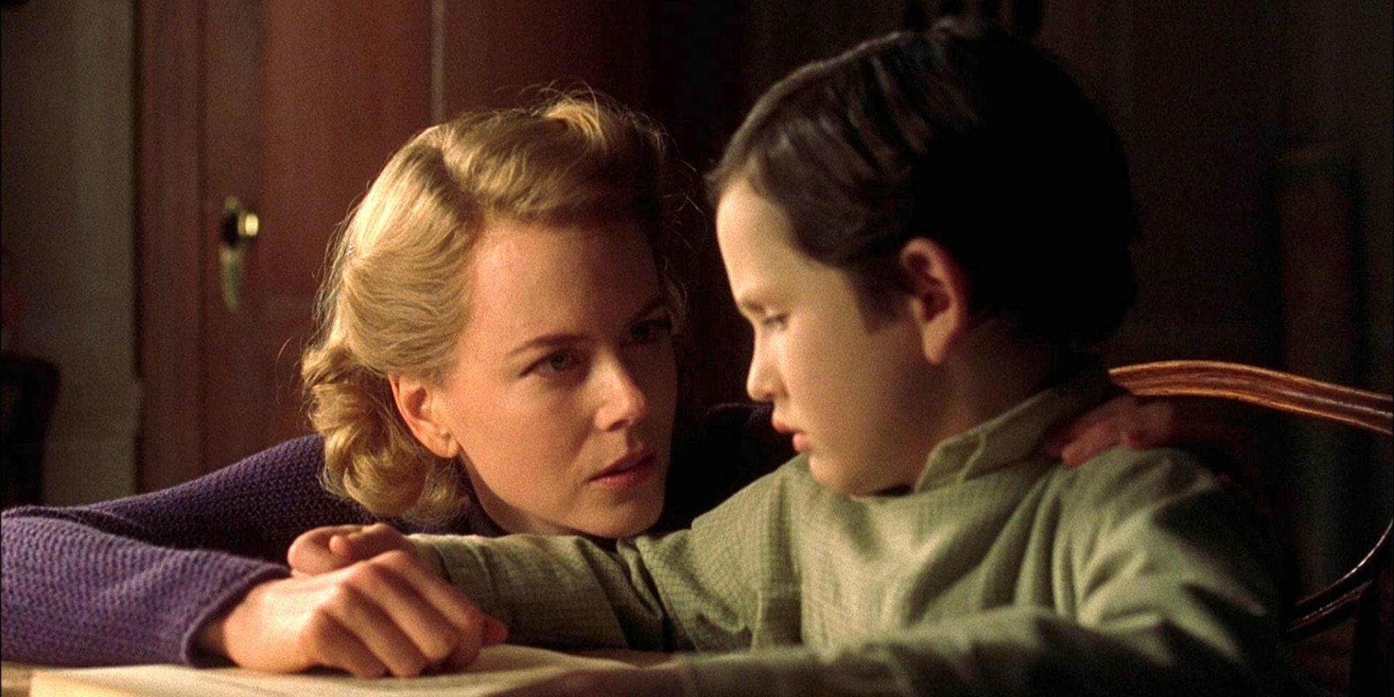 A screenshot of Grace Stewart confiding to her son in The Others