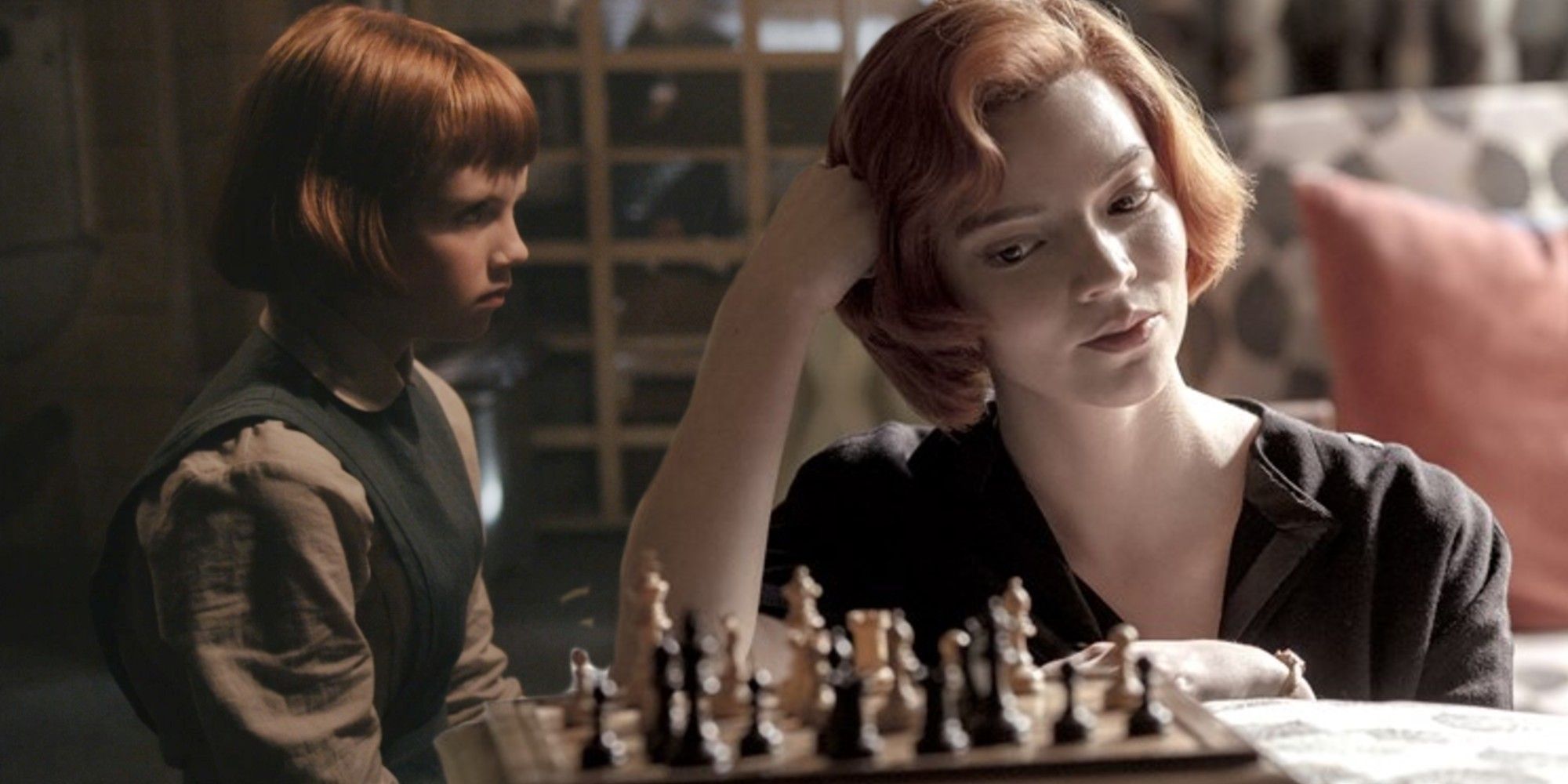Beth young on left side of screen, older beth playing chess on right side