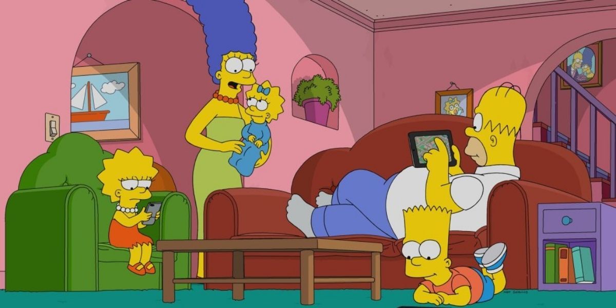 The Simpson family sitting in their living room