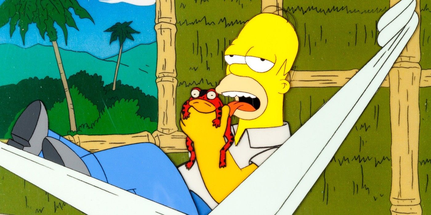 Homer on a swing and about to eat a frog in The Simpsons.