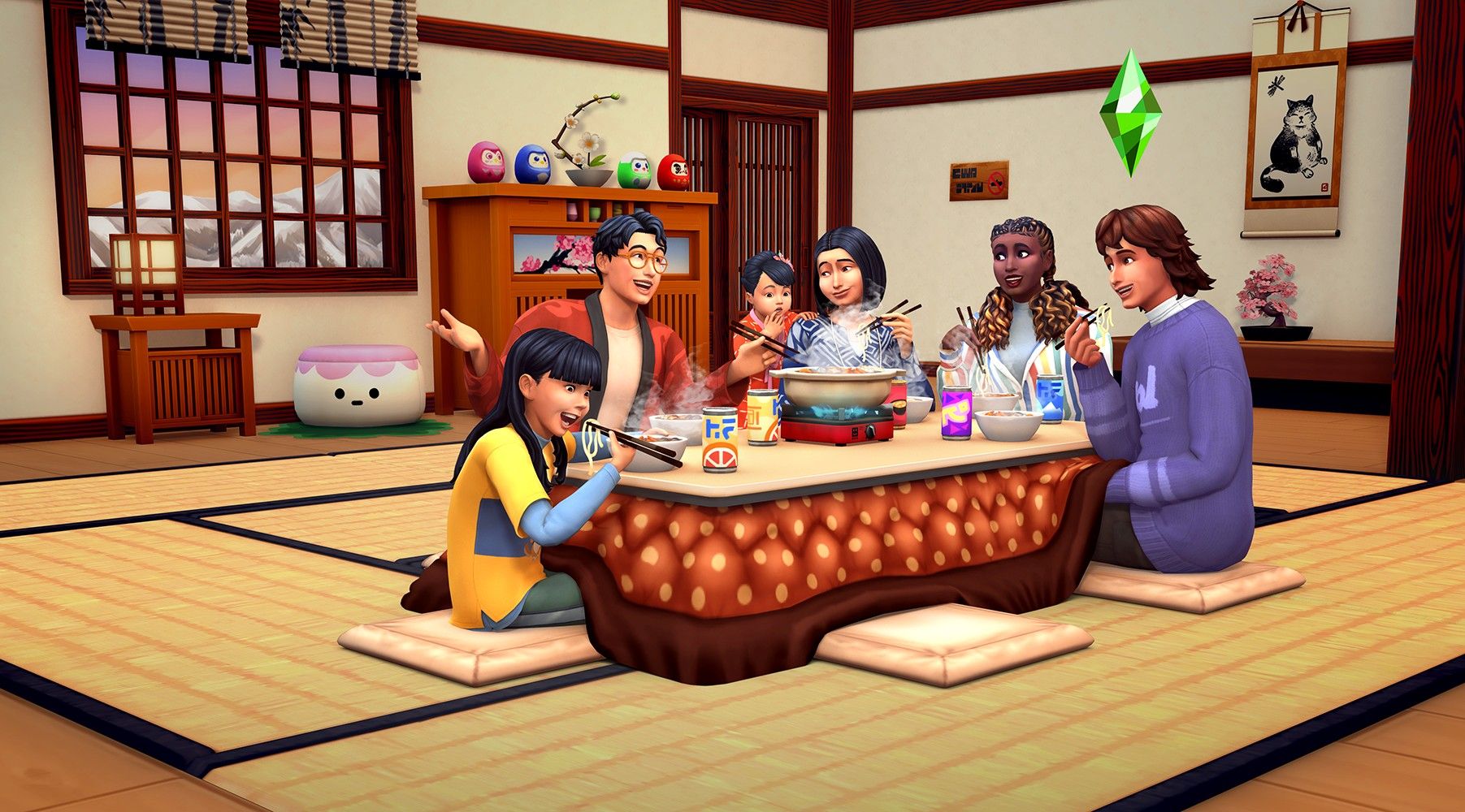 A family gathers around the table and eats a Hot Pot meal in The Sims 4: Snowy Escape