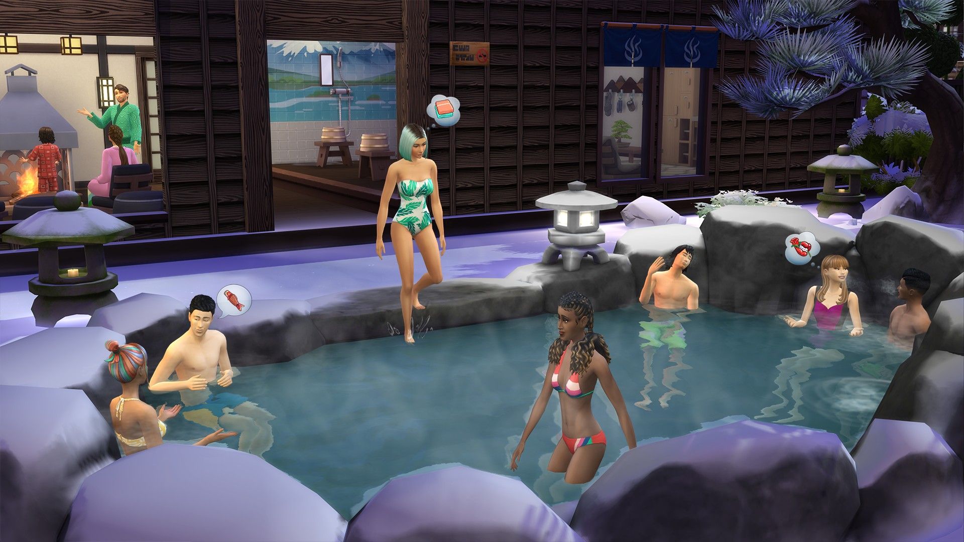 Sims use the Hot Springs and Bath House in The Sims 4: Snowy Escape