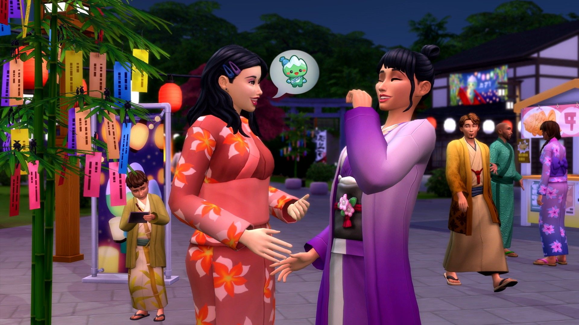Two female Sims wear traditional Japanese clothing and converse at a festival in The Sims 4: Snowy Escape