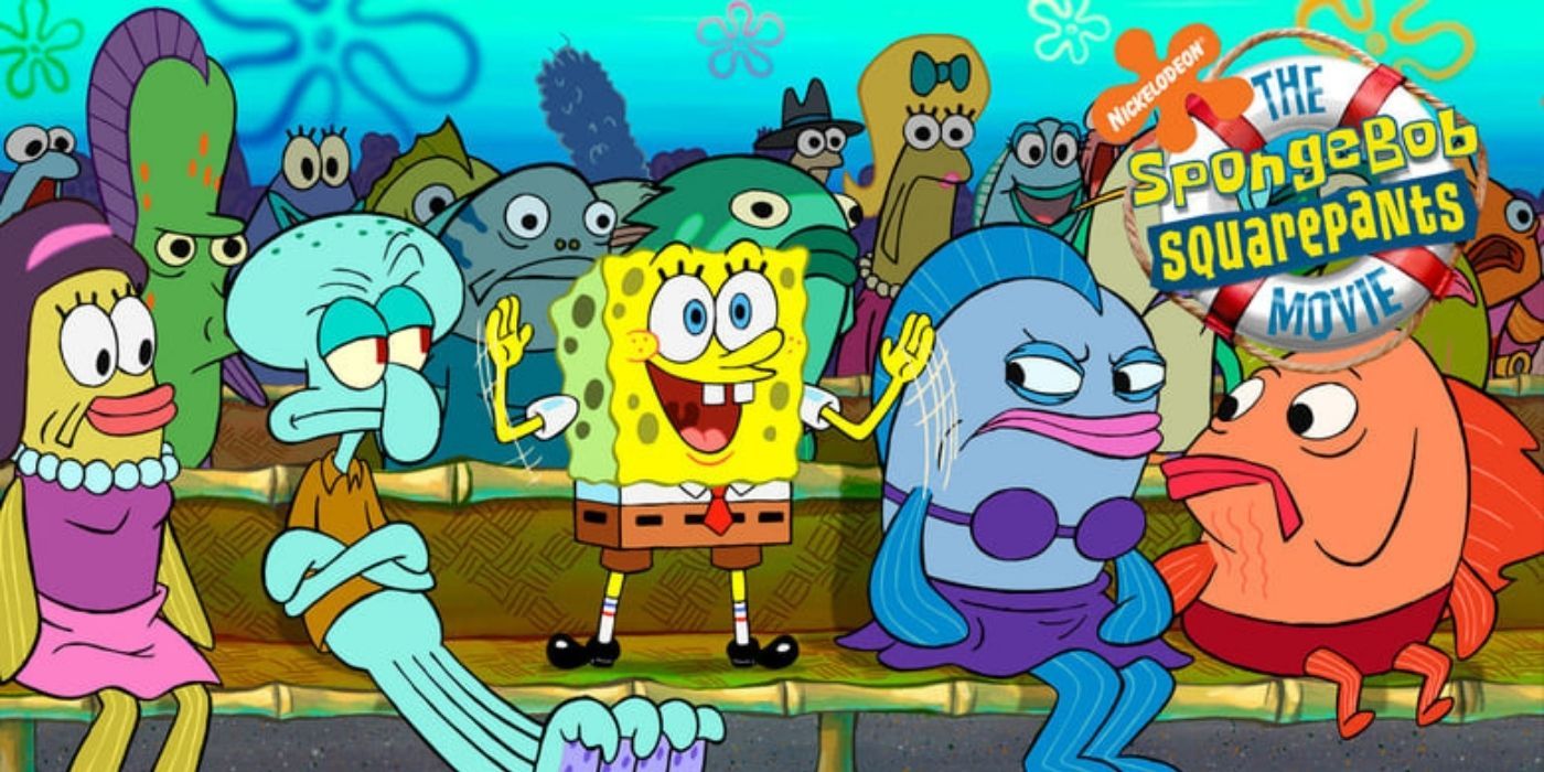 Spongebob standing on a bench looking happy