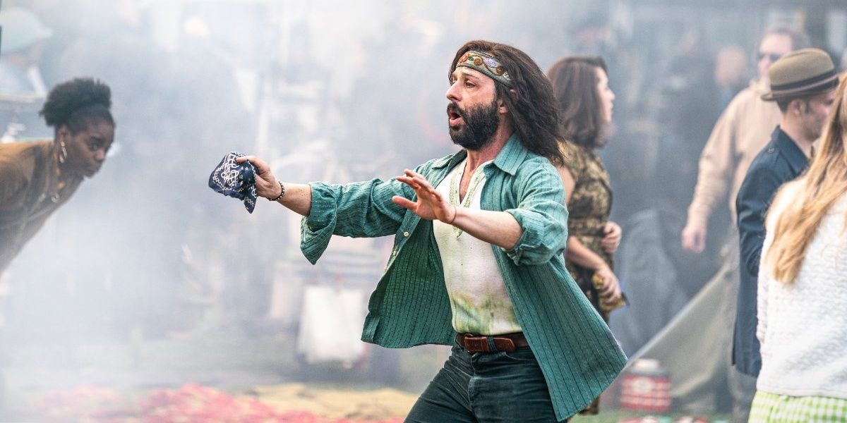 Jeremy Strong as Jerry Rubin at a riot