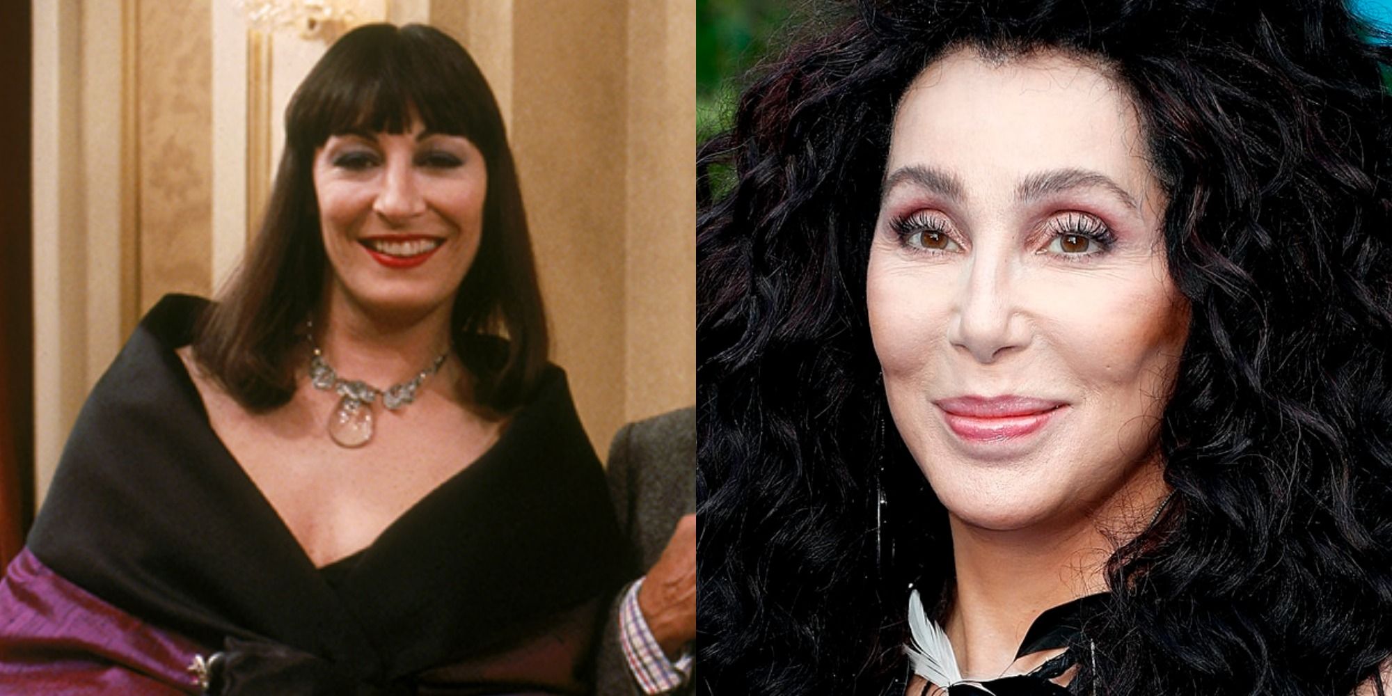 A side-by-side comparison between Anjelica Huston as the Grand High Witch/Eva Ernst and Cher for The Witches (1990)