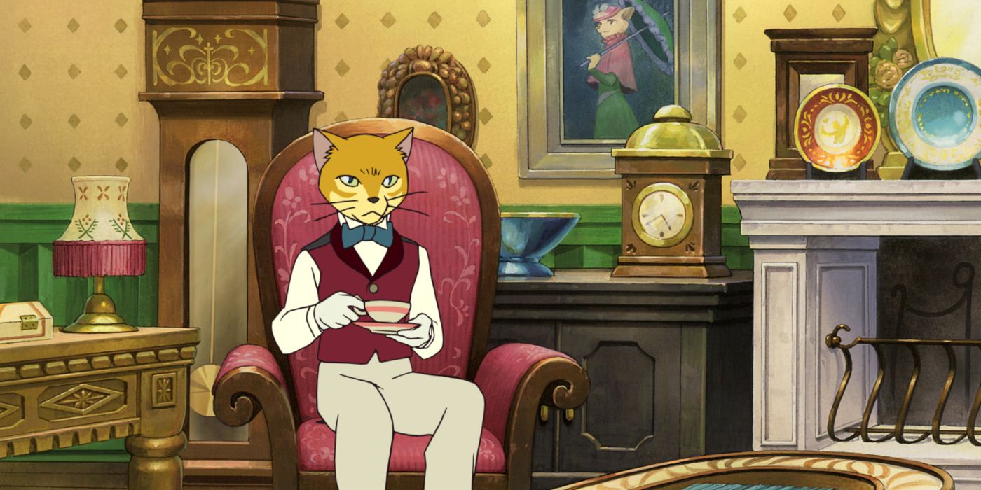 The baron drinks tea in a sitting room in The Cat Returns