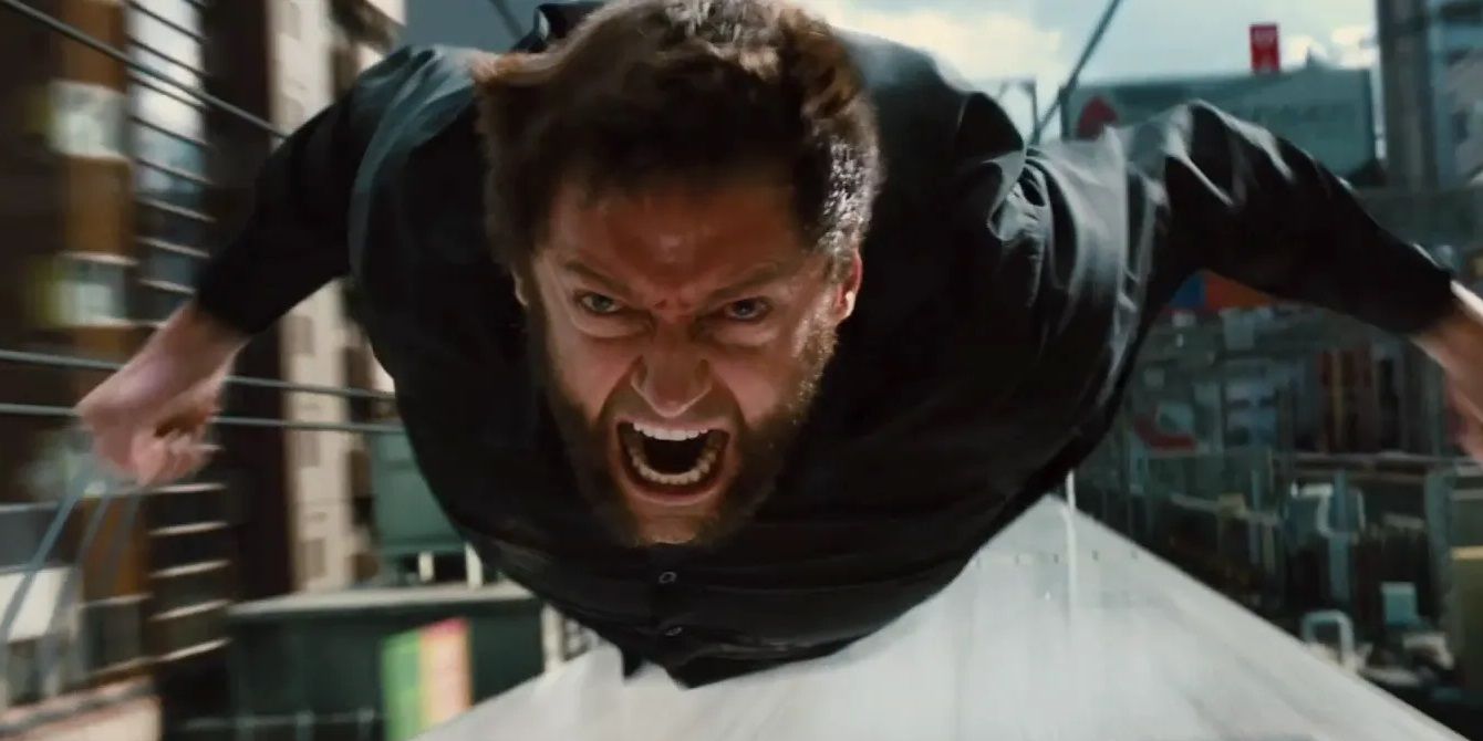 The Wolverine jumps forward along the top of a speeding train in The Wolverine