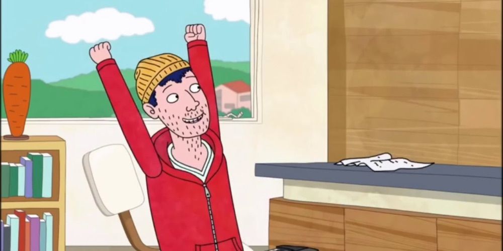Todd Chavez raises his arms in the air in triumph on BoJack Horseman