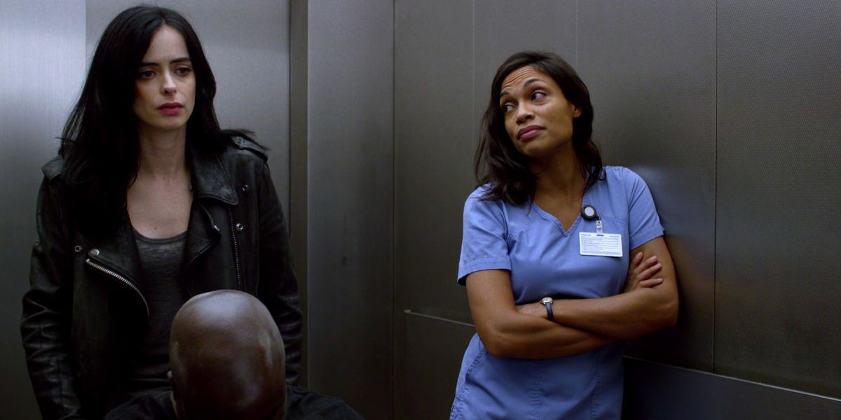 Claire Temple in an elevator with Jessica Jones 
