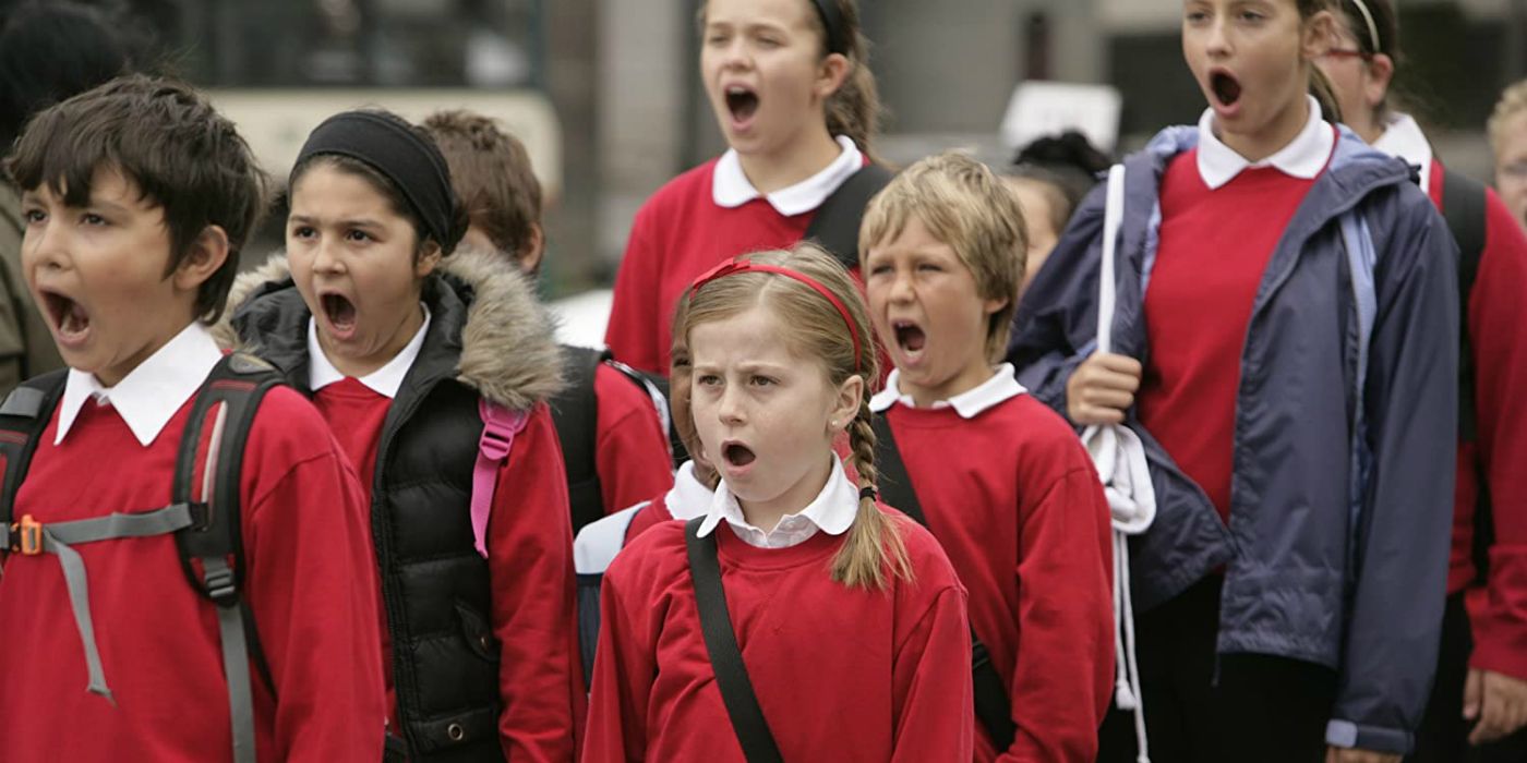 A bunch of school children in red uniforms scream in Torchwood: Children of Earth.