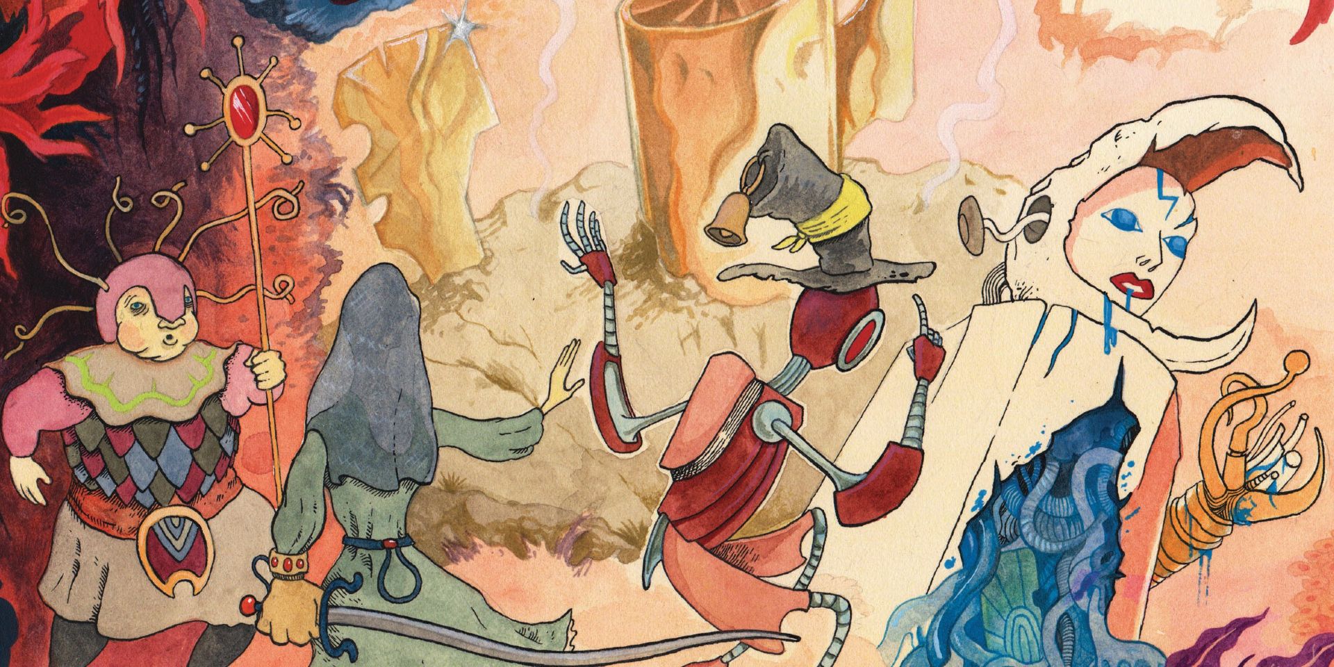 Stylistically drawn Troika image with a few charactesr across a pastel busy background