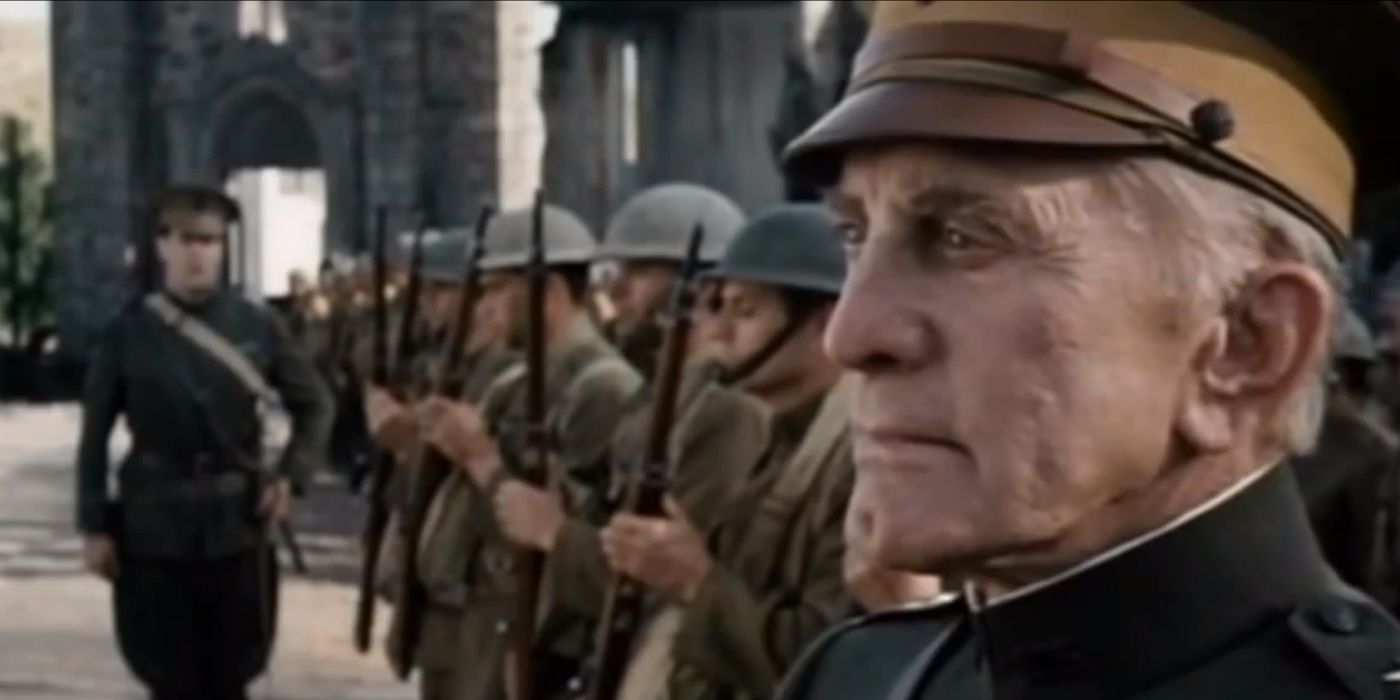 Kirk Douglas stands in front of a line of soldiers from Tales from the Crypt