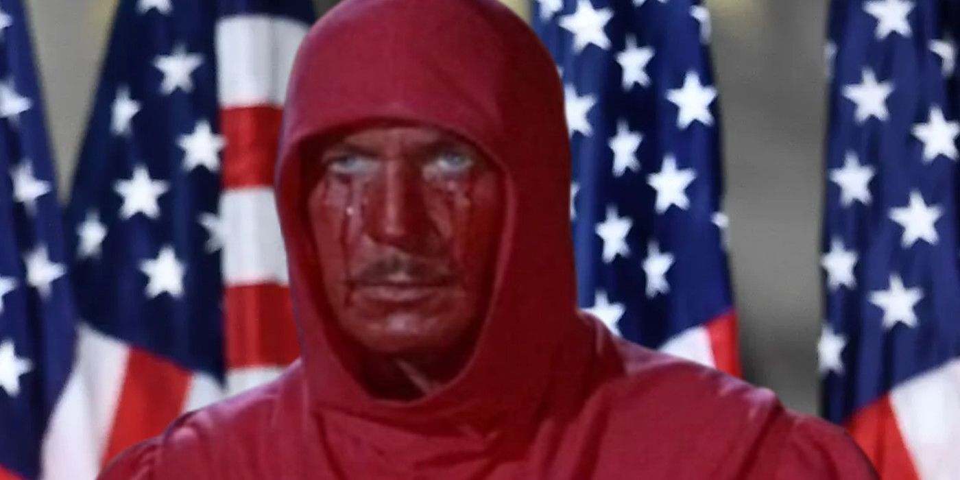 Vincent Price in Masque of the Red Death before American Flags