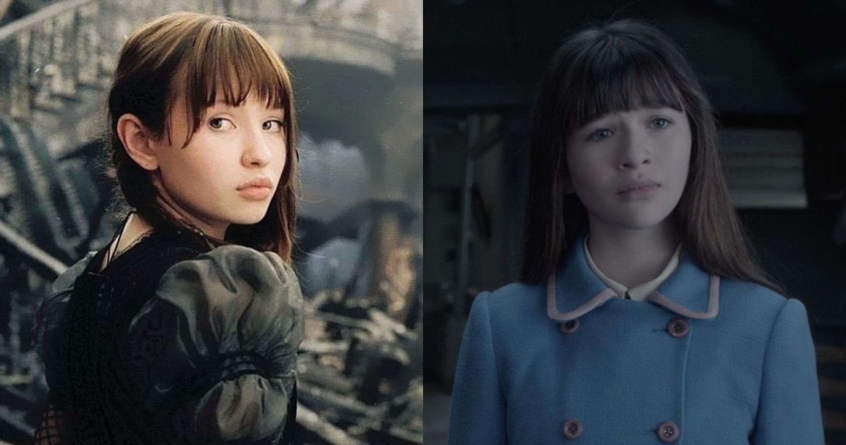 A collage showing the 2004 and 2017 versions of Violet Baudelaire of A Series of Unfortunate Events