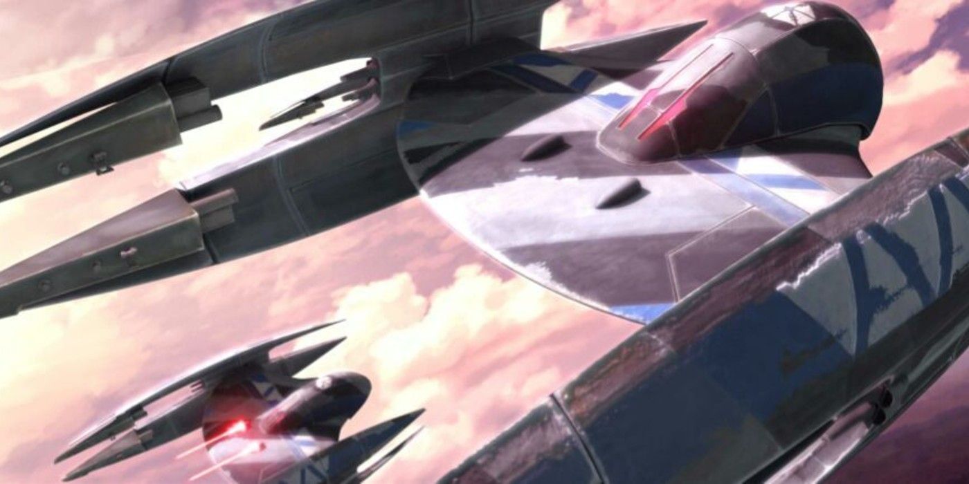 Star Wars vulture droids flying across a cloudy sky in The Clone Wars.