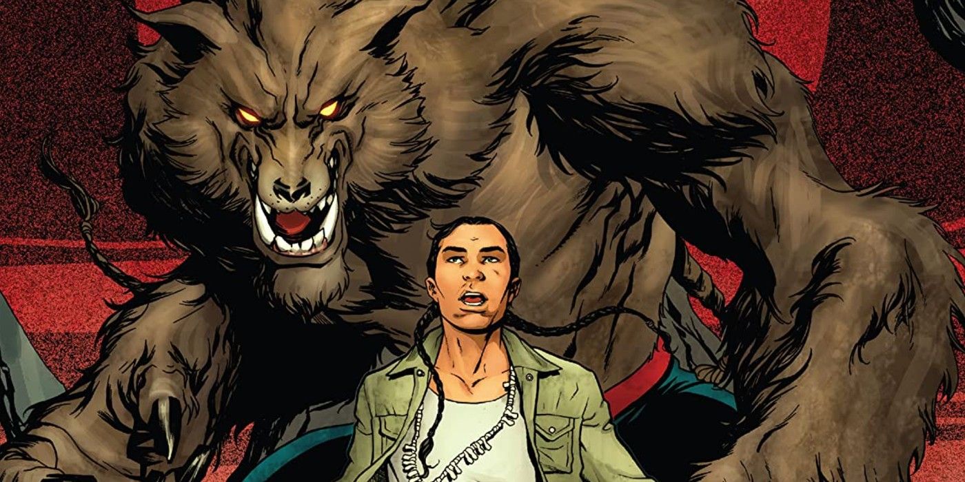 Jake Gomez opens his mouth as a werewolf stands behind him in Marvel Comics.