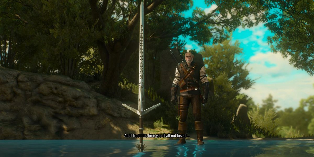 The Aerondight sword rising out of the water and being presented to Geralt in The Witcher 3.